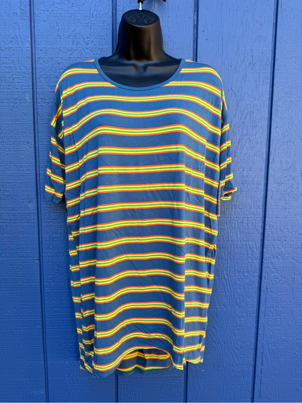 LuLaRoe Navy Tee with Rainbow Stripe Accents